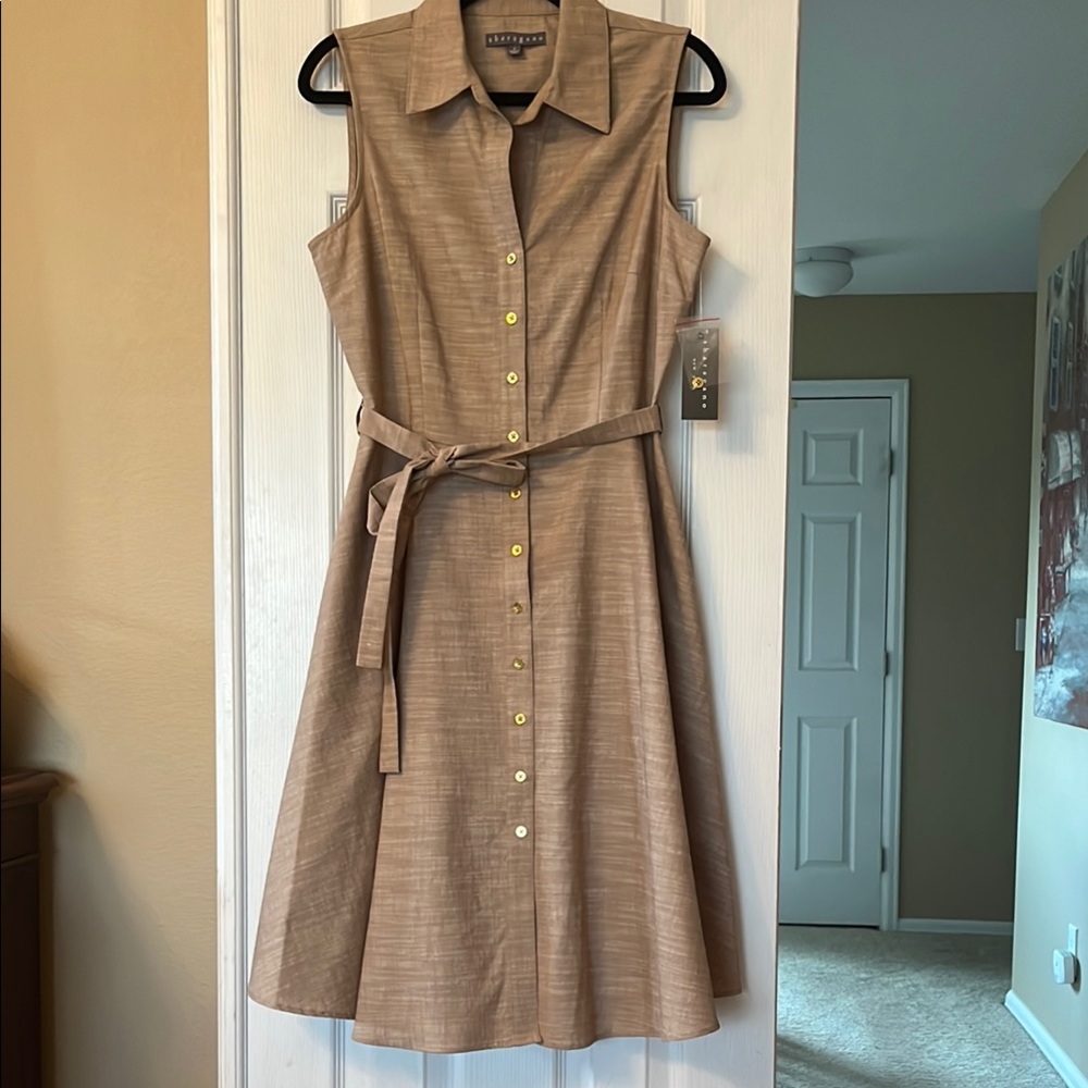 Sharagano Tan Sleeveless Midi A-line Dress Notched Collar Sz 8